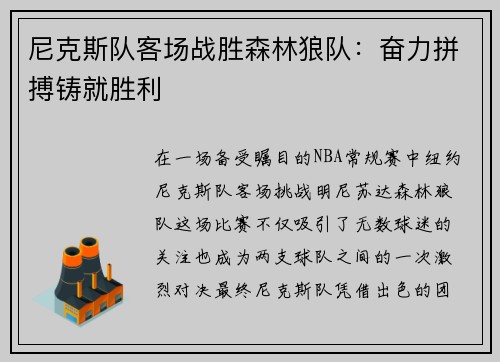 尼克斯队客场战胜森林狼队：奋力拼搏铸就胜利