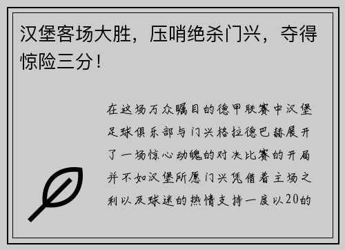 汉堡客场大胜，压哨绝杀门兴，夺得惊险三分！