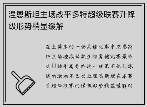 涅恩斯坦主场战平多特超级联赛升降级形势稍显缓解